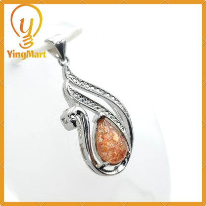 Yingmart Natural Strawberry Quartz Embraced By a Silver Swan Pendant 100% Genuine Jadeite Real Jade Type A Grade A Hand Carved