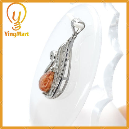 Yingmart Natural Strawberry Quartz Embraced By a Silver Swan Pendant 100% Genuine Jadeite Real Jade Type A Grade A Hand Carved