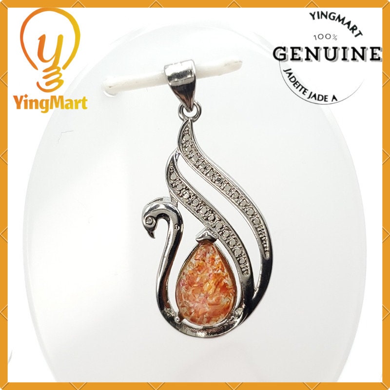 Yingmart Natural Strawberry Quartz Embraced By a Silver Swan Pendant 100% Genuine Jadeite Real Jade Type A Grade A Hand Carved