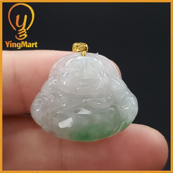 Yingmart Authentic White Apply Green Floating Laughing Buhdda Burmese Myanmar Genuine Jadeite Jade Grade A Hand Craving Pedant