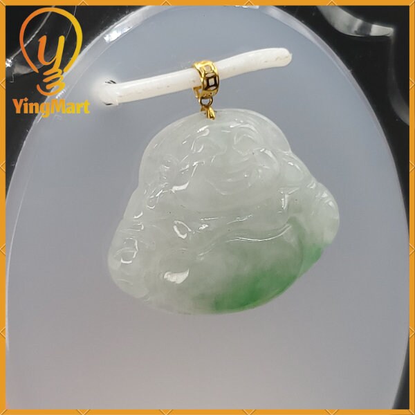 Yingmart Authentic White Apply Green Floating Laughing Buhdda Burmese Myanmar Genuine Jadeite Jade Grade A Hand Craving Pedant