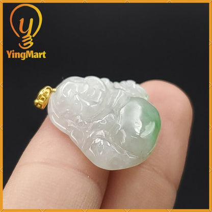 Yingmart Authentic White Apply Green Floating Laughing Buhdda Burmese Myanmar Genuine Jadeite Jade Grade A Hand Craving Pedant