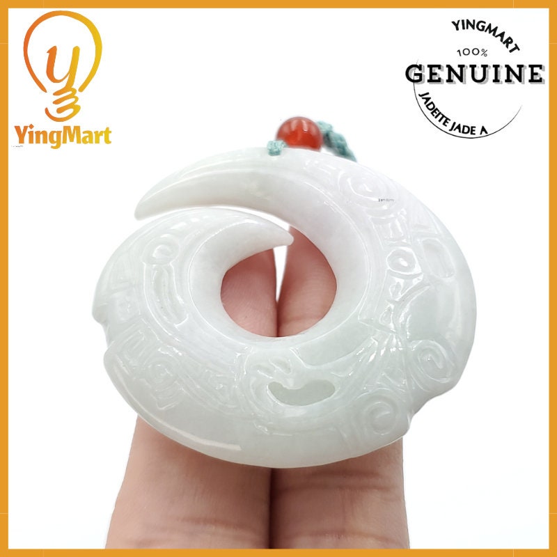 Yingmart Ancient Dragon Pendant Made of Natural White  Genuine Jadeite Real Jade Type A Grade A Hand Carved