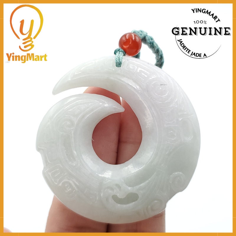 Yingmart Ancient Dragon Pendant Made of Natural White  Genuine Jadeite Real Jade Type A Grade A Hand Carved