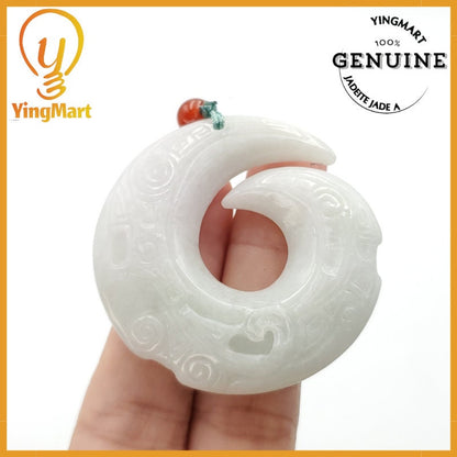Yingmart Ancient Dragon Pendant Made of Natural White  Genuine Jadeite Real Jade Type A Grade A Hand Carved
