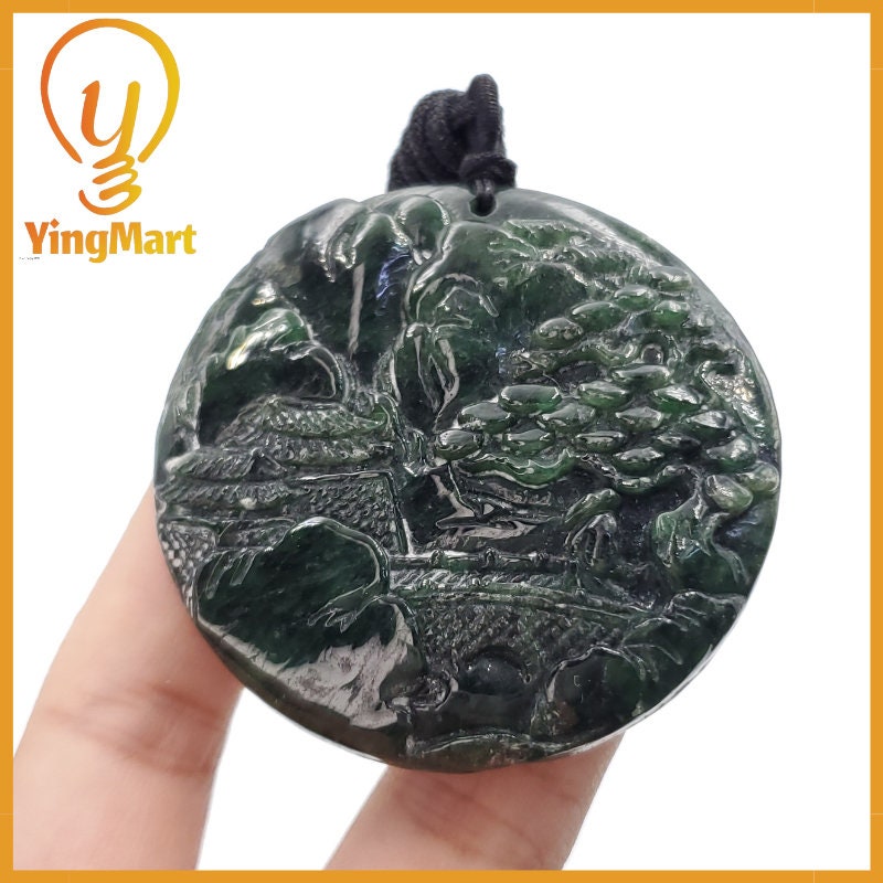 Yingmart  Landscape Pendant  Hand Carved 100% Genuine Jadeite Jade  Burmese Myanmar Real Jade Grade A Type A
