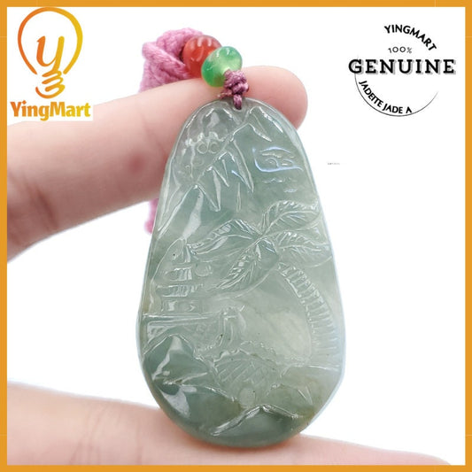 Yingmart  Carved Landscape Jadeite Jade Pendant, Style Scenery Bridge Mountain Tree 100% Genuine  Burmese Myanmar Real Jade Grade A Type A