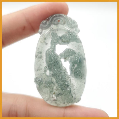 Yingmart Peacock Pendant 100% Natural  Genuine Jadeite Real Jade Type A Grade A Hand Carved