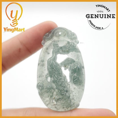Yingmart Peacock Pendant 100% Natural  Genuine Jadeite Real Jade Type A Grade A Hand Carved