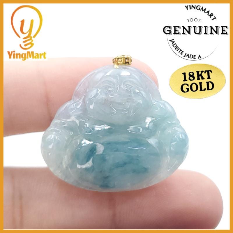 Yingmart 100% Genuine Rare  Blue Floating Laughing Buhdda Burmese Myanmar Authentic Jadeite Jade Grade A Hand Craving Pedant