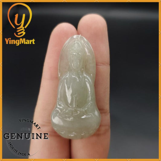 Yingmart White Guan-Yin Buhdda Burmese Myanmar Genuine Jadeite Jade Grade A Hand Craving Pedant