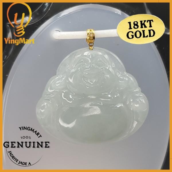 Yingmart White Semi-Translucent Laughing Buhdda Burmese Myanmar Genuine Jadeite Jade Grade A Hand Craving Pedant with 18K Gold Hook setting