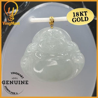 Yingmart White Semi-Translucent Laughing Buhdda Burmese Myanmar Genuine Jadeite Jade Grade A Hand Craving Pedant with 18K Gold Hook setting