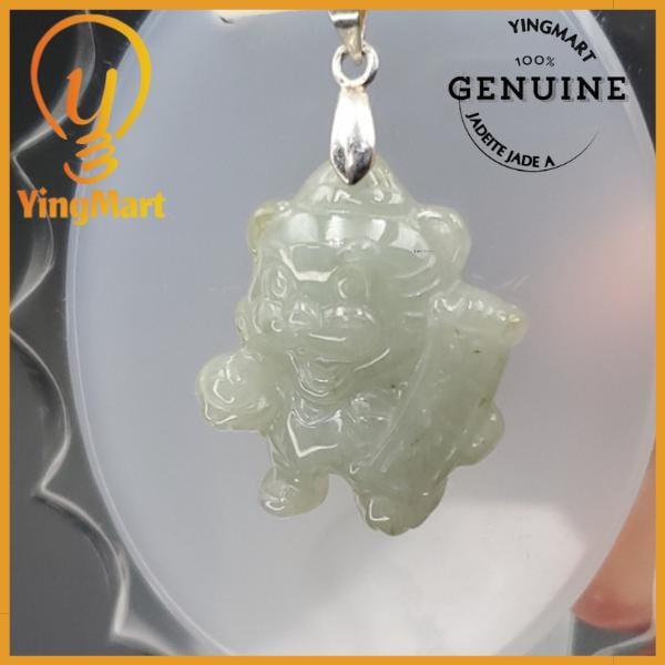 Yingmart White Happy Tiger Burmese Myanmar Genuine Jadeite Jade Grade A Hand Craving Pedant with Hook setting