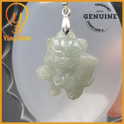 Yingmart White Happy Tiger Burmese Myanmar Genuine Jadeite Jade Grade A Hand Craving Pedant with Hook setting