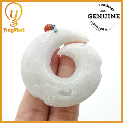 Yingmart Ancient Dragon Pendant Made of Natural White  Genuine Jadeite Real Jade Type A Grade A Hand Carved