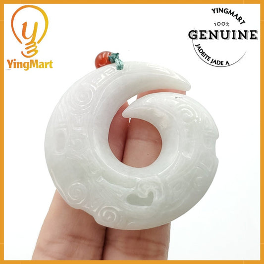 Yingmart Ancient Dragon Pendant Made of Natural White  Genuine Jadeite Real Jade Type A Grade A Hand Carved