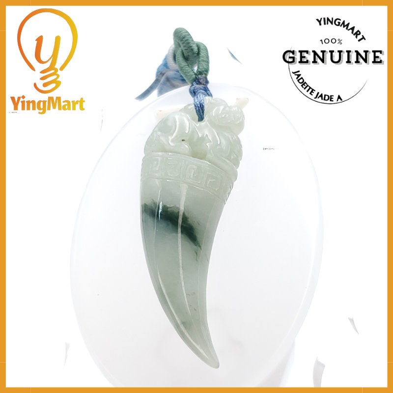 Yingmart Certified Green Natural A Jade Jadeite Pendant Elephant Tooth Hand Carved
