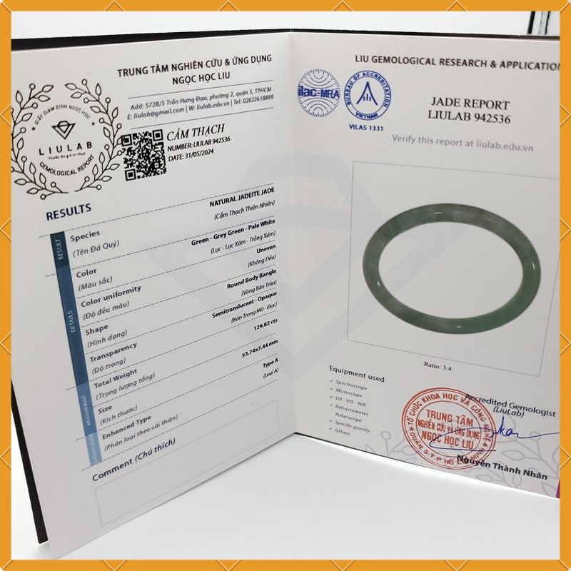 Yingmart 53mm LIULAB Certified Genuine Green Natural Jadeite Jade Thick Bangle Bracelets, Real Gemstone Bracelet, Vintage Jewelry