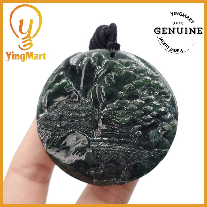 Yingmart  Landscape Pendant  Hand Carved 100% Genuine Jadeite Jade  Burmese Myanmar Real Jade Grade A Type A