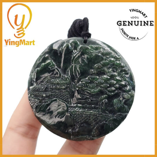 Yingmart  Landscape Pendant  Hand Carved 100% Genuine Jadeite Jade  Burmese Myanmar Real Jade Grade A Type A