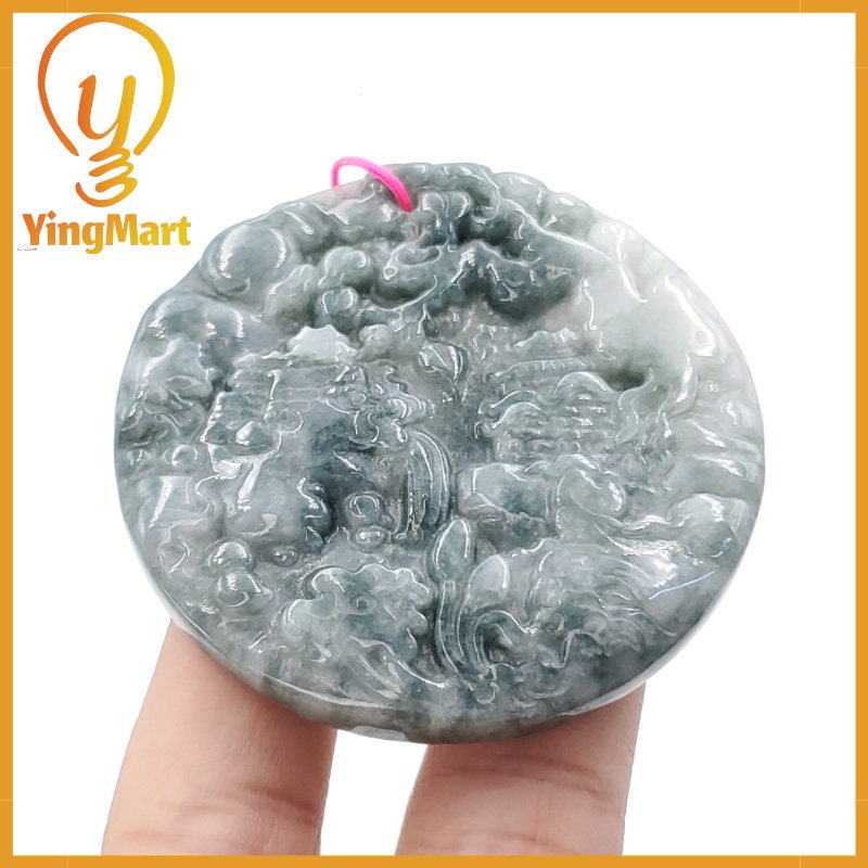 Yingmart  Landscape Pendant  Hand Carved 100% Genuine Jadeite Jade  Burmese Myanmar Real Jade Grade A Type A