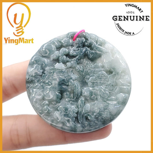 Yingmart  Landscape Pendant  Hand Carved 100% Genuine Jadeite Jade  Burmese Myanmar Real Jade Grade A Type A