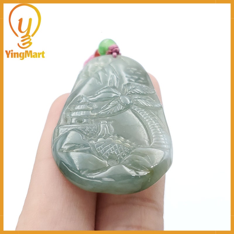 Yingmart  Carved Landscape Jadeite Jade Pendant, Style Scenery Bridge Mountain Tree 100% Genuine  Burmese Myanmar Real Jade Grade A Type A
