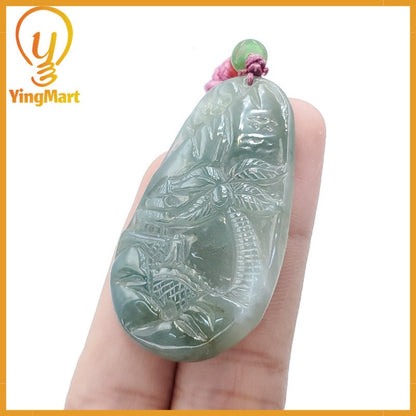 Yingmart  Carved Landscape Jadeite Jade Pendant, Style Scenery Bridge Mountain Tree 100% Genuine  Burmese Myanmar Real Jade Grade A Type A