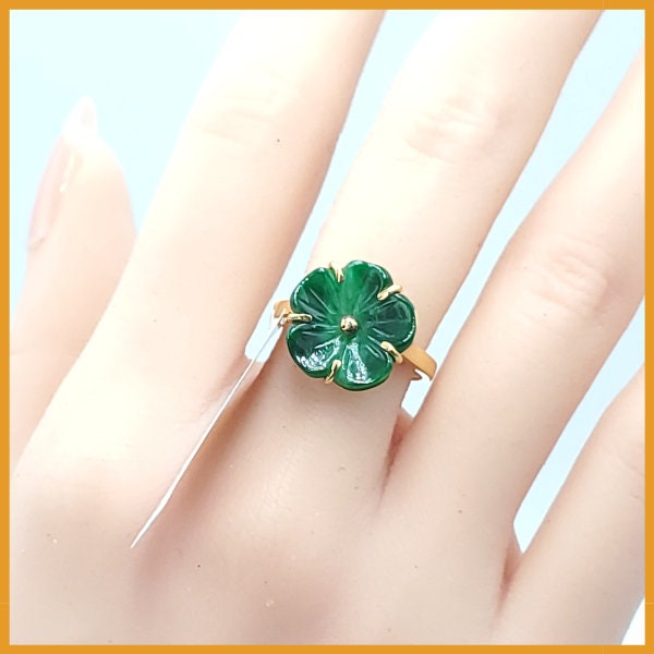 Yingmart Jade Plum Blossom Ring Natural Carved Genuine Jadeite Real Jade Grade A Type A