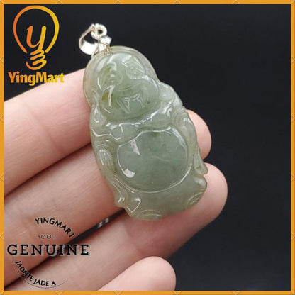 Yingmart Light Blue Laughing Buhdda Burmese Myanmar Genuine Jadeite Jade Grade A Hand Craving Pedant with Hook setting