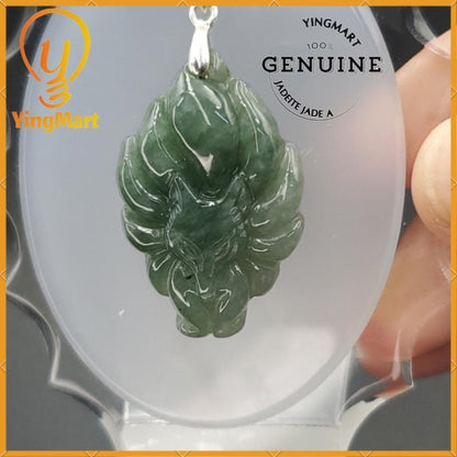 Yingmart Green Nine Tails Fox Burmese Myanmar Genuine Jadeite Jade Grade A Hand Craving Pedant with Hook setting