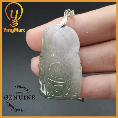 Yingmart Guan-Gong White Green  Burmese Myanmar Genuine Jadeite Jade Grade A Hand Craving Pedant with Hook setting