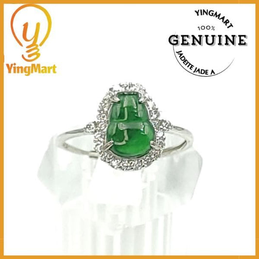 Yingmart Natural Green Cabochon Ring in S925 Sterling Silver Genuine Jadeite Real Jade Grade A Type A Hand Craving, gift fo her, vintage