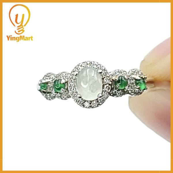 Yingmart Silver Ring with a large, oval-shaped cabochon of green jade Genuine Jadeite Real Jade Grade A Type A Hand Craving
