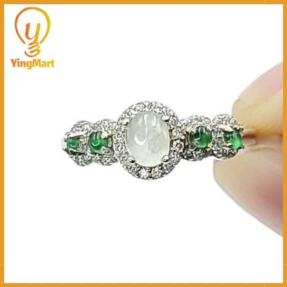 Yingmart Silver Ring with a large, oval-shaped cabochon of green jade Genuine Jadeite Real Jade Grade A Type A Hand Craving