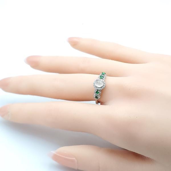 Yingmart Silver Ring with a large, oval-shaped cabochon of green jade Genuine Jadeite Real Jade Grade A Type A Hand Craving