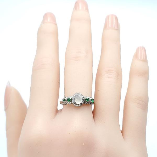 Yingmart Silver Ring with a large, oval-shaped cabochon of green jade Genuine Jadeite Real Jade Grade A Type A Hand Craving