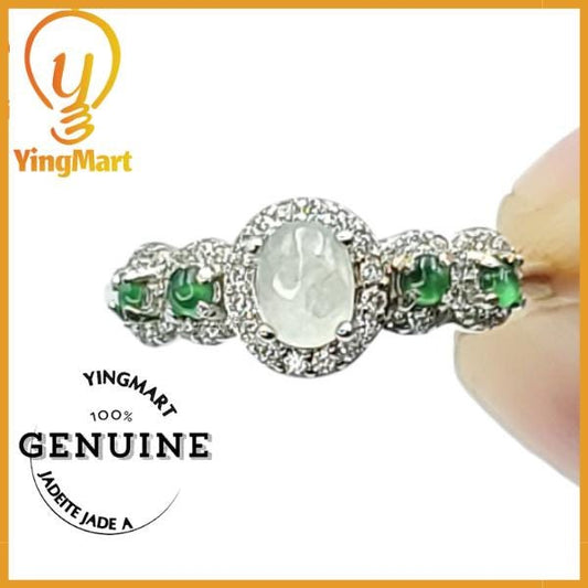 Yingmart Silver Ring with a large, oval-shaped cabochon of green jade Genuine Jadeite Real Jade Grade A Type A Hand Craving