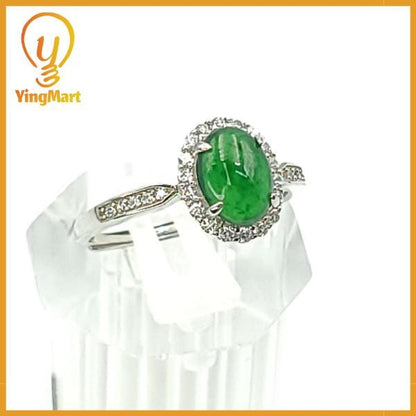 Yingmart Ring with oval-shaped cabochon of green jade, S925 Silver Surround Genuine Jadeite Real Jade Grade A Type A Hand Craving, vinatge