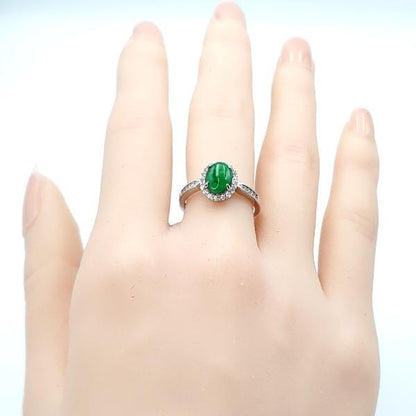 Yingmart Ring with oval-shaped cabochon of green jade, S925 Silver Surround Genuine Jadeite Real Jade Grade A Type A Hand Craving, vinatge