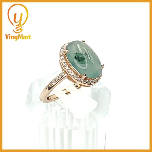Yingmart Swirl Feng Shui Sterling Silver with a large, oval-shaped cabochon of green jade Ring Grade A Type A Hand Craving, gift fo her