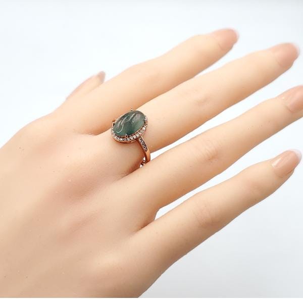Yingmart Swirl Feng Shui Sterling Silver with a large, oval-shaped cabochon of green jade Ring Grade A Type A Hand Craving, gift fo her