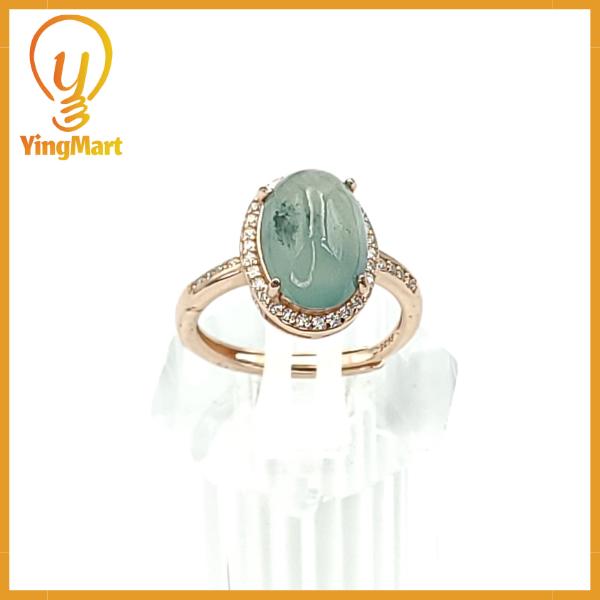 Yingmart Swirl Feng Shui Sterling Silver with a large, oval-shaped cabochon of green jade Ring Grade A Type A Hand Craving, gift fo her
