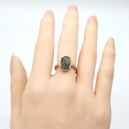 Yingmart Swirl Feng Shui Sterling Silver with a large, oval-shaped cabochon of green jade Ring Grade A Type A Hand Craving, gift fo her