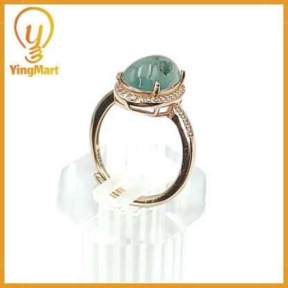 Yingmart Swirl Feng Shui Sterling Silver with a large, oval-shaped cabochon of green jade Ring Grade A Type A Hand Craving, gift fo her