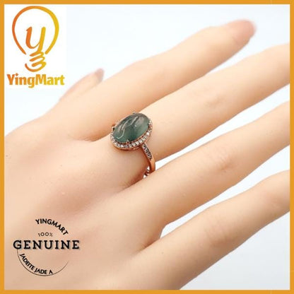 Yingmart Swirl Feng Shui Sterling Silver with a large, oval-shaped cabochon of green jade Ring Grade A Type A Hand Craving, gift fo her
