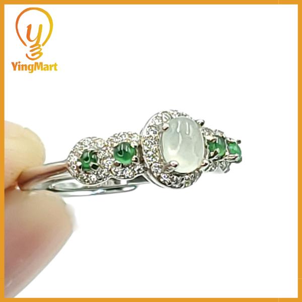 Yingmart Silver Ring with a large, oval-shaped cabochon of green jade Genuine Jadeite Real Jade Grade A Type A Hand Craving