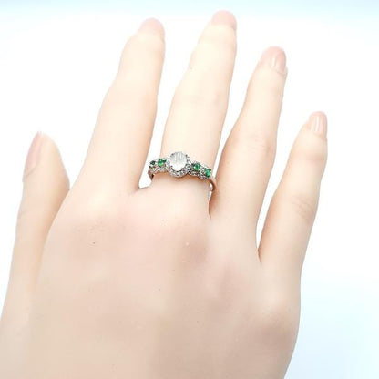 Yingmart Silver Ring with a large, oval-shaped cabochon of green jade Genuine Jadeite Real Jade Grade A Type A Hand Craving