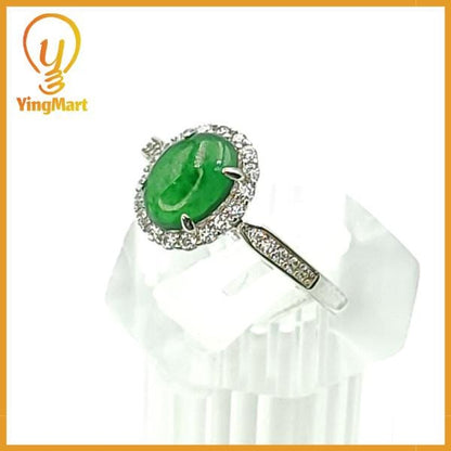 Yingmart Ring with oval-shaped cabochon of green jade, S925 Silver Surround Genuine Jadeite Real Jade Grade A Type A Hand Craving, vinatge